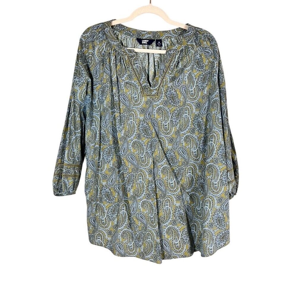 Lands End Paisley Colorful Tunic 1X Yellow Tropical Resort Preppy Classic Chic